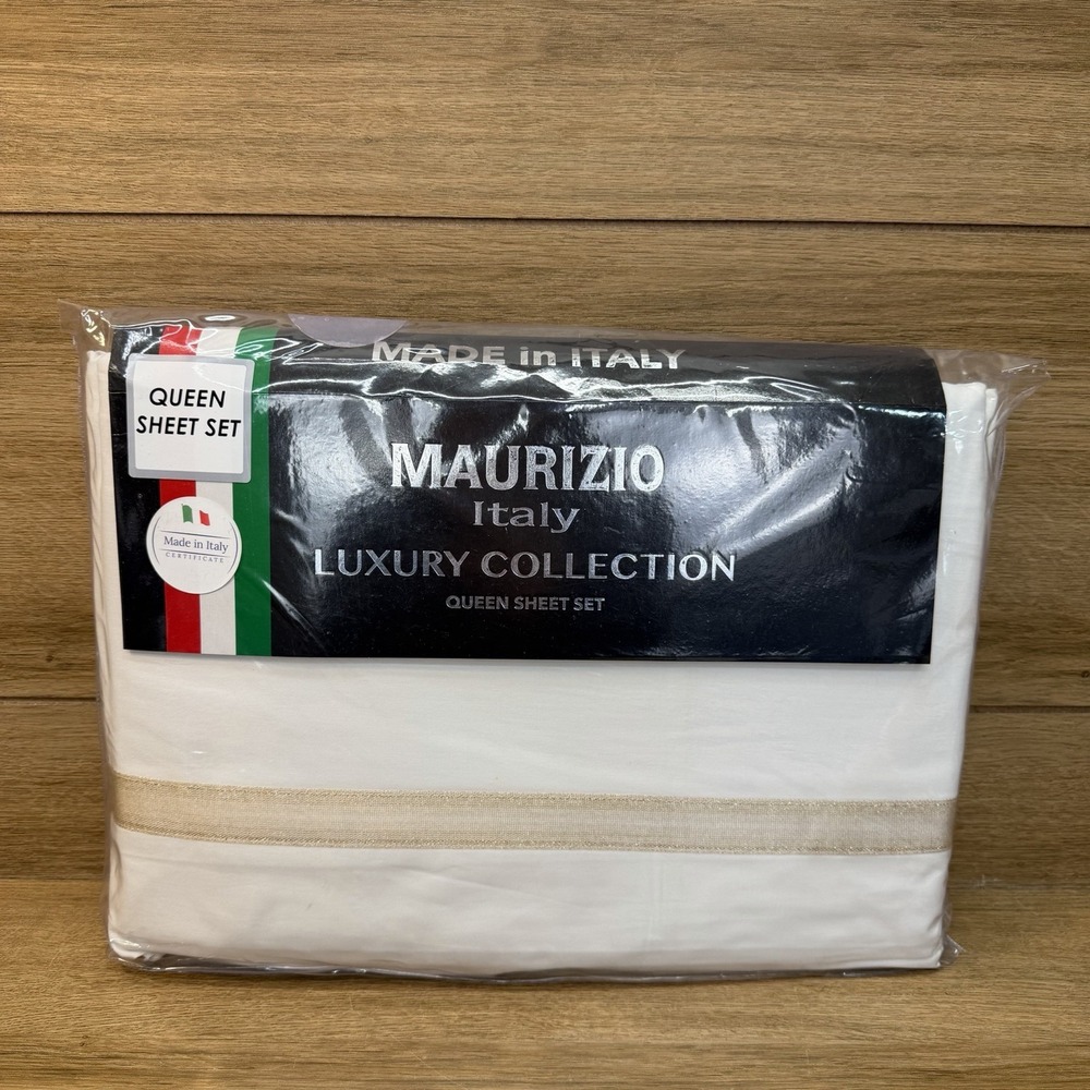 Maurizio Italy QUEEN Sheet Set White Gold Ribbon Luxury Cotton 4pc NEW